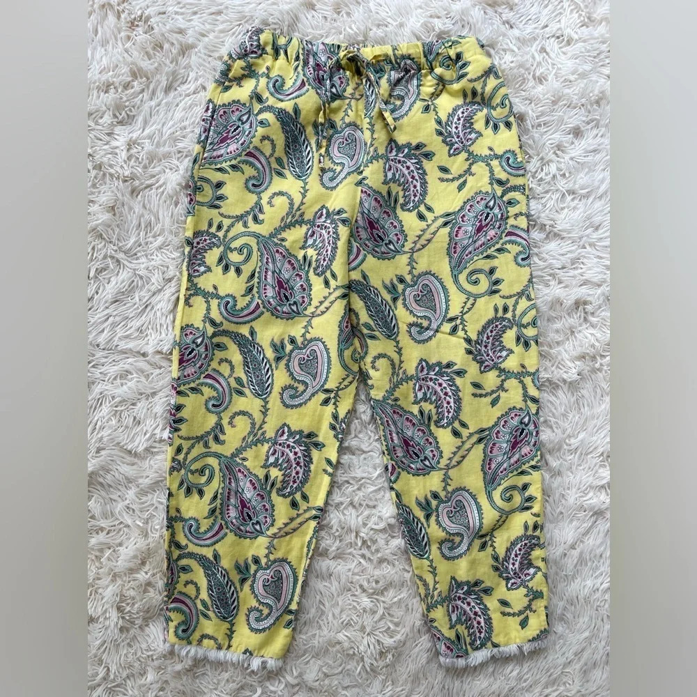 Zara paisley print linen cotton blend high waist pull on drawstrings yellow SX S